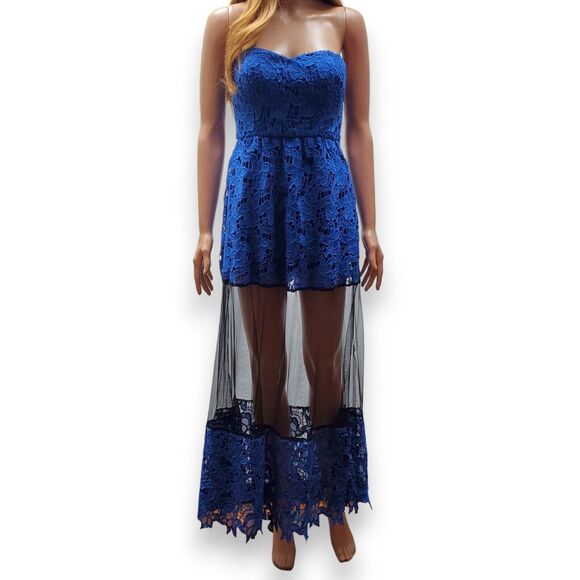 Boston Proper Sheer Mesh Illusion Black Blue Lace Maxi Dress Strapless Size 0 - Picture 2 of 16